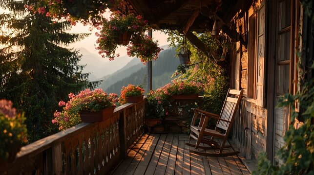 Cozy mountain cabin porch with vibrant flowers at golden hour, peaceful rural escape.