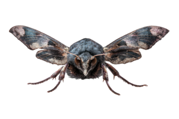 Close-up of a moth with intricate wing patterns, isolated on a black background