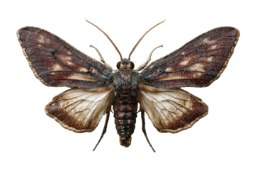 A detailed top-down view of a moth showcasing intricate wing patterns against a stark black background