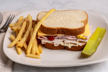 turkey and ham sandwich  with fries, and pickles