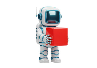 Cute astronaut holding a red cube isolated PNG, futuristic space explorer with box for delivery or package concept
