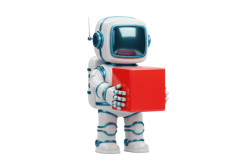 Cute astronaut holding a red cube isolated PNG, futuristic space explorer with box for delivery or package concept