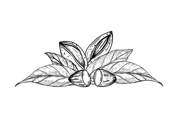 Monochrome almond nuts among leaves vector composition painted by black inks. Peeled edible kernel an nut in shell realistic graphic sketch. Healthy snack for health food packaging, culinary blogs