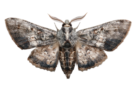 Close-up of a moth, showing complex patterns and muted tones against a transparent background