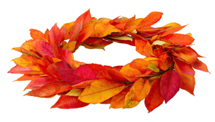 A vibrant wreath constructed from vividly colored autumn leaves, with warm red and orange hues