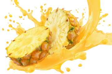 A halved pineapple explodes with juice, creating dynamic and colorful splash