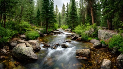 Fototapeta premium Tranquil stream flows through a lush green forest, its waters cascading over rocks and stones, surrounded by tall evergreen trees under a cloudy sky, creating a serene natural landscape, offering a...
