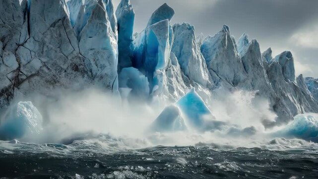 A massive glacier calving into the stormy ocean