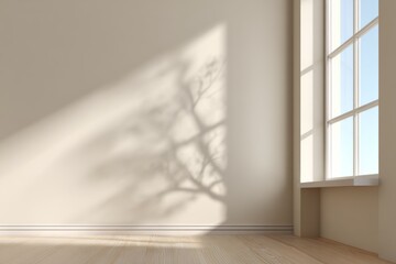 Fototapeta premium A sunlit beige room. A tree shadow graces a wall, next to a window showing a blue sky