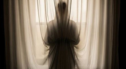 Ethereal Figure Behind Curtains - A Study in Light and Shadow.