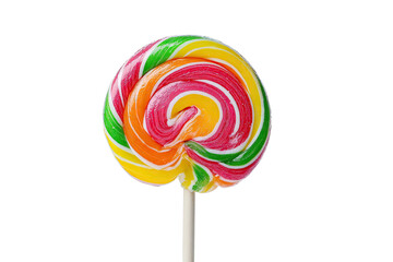 Colorful, swirled, and sweet confection on a stick, isolated against a stark black background