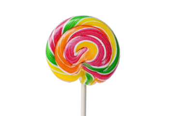 Colorful, swirled, and sweet confection on a stick, isolated against a stark black background
