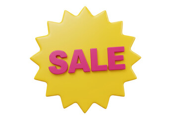 Yellow star sale sign isolated PNG, pink 3D letters for retail promotion and discount advertising on transparent background
