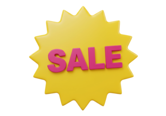 Yellow star sale sign isolated PNG, pink 3D letters for retail promotion and discount advertising on transparent background