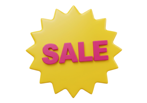 Yellow star sale sign isolated PNG, pink 3D letters for retail promotion and discount advertising on transparent background