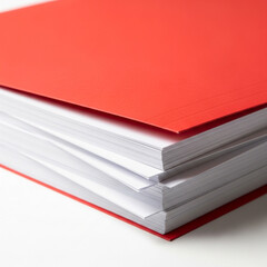 Close up of a thick red book with white pages on a white background