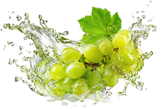 Vibrant green grapes bursting from a water splash, fresh leaves, on a transparent background - Powered by Adobe