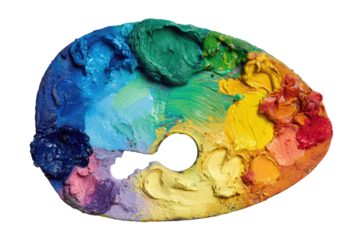 An artist's palette, smeared with a vibrant mix of oil paints, showcasing an array of colors