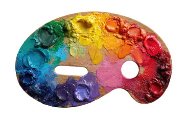 Wooden palette with vibrant, colorful paints, showcasing an artist's workspace