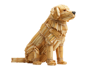 A seated canine sculpture made from bundled sticks, showcasing a detailed, crafted form