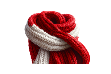 Cozy knitted winter scarf with red and white stripes isolated on transparent background