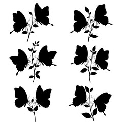Fototapeta premium Silhouettes of butterflies on branches set of six designs.