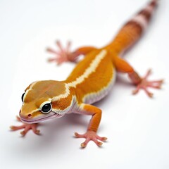 Obraz premium Colorful leopard gecko on white background. Small exotic reptile stands looking forward. Bright orange, white pet lizard animal with distinct stripes, black eyes. Cute healthy wildlife studio shot,