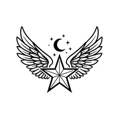 Obraz premium Star with Wings and Moon Tattoo Design.