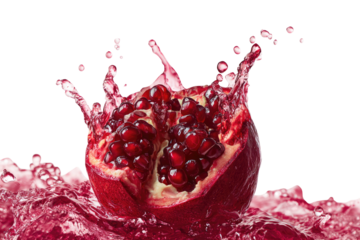 Half-cut pomegranate bursting open with vibrant red juice splashing on a black background