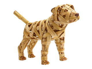 A decorative dog sculpture meticulously crafted from interwoven natural, light-brown materials