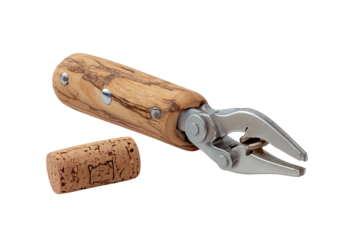 A close-up view showcases a wine cork puller tool with a wooden handle and a removed cork