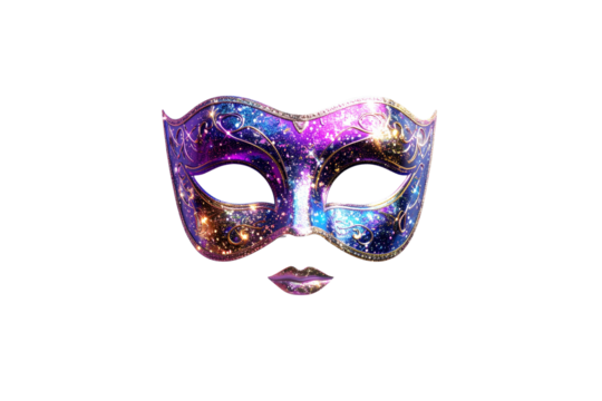 Ornate venetian masquerade mask with glittering iridescent details isolated on transparent background