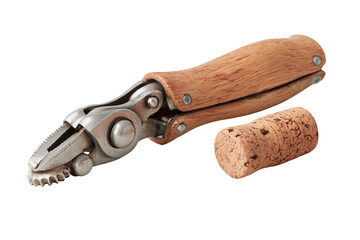 A close-up of a corkscrew with a wooden handle and a cork on a dark background