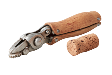 A close-up of a corkscrew with a wooden handle and a cork on a dark background