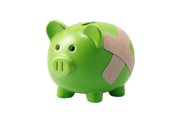 Green piggy bank with a bandage on its side, symbolizing financial trouble, isolated on black