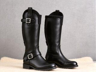 A pair of sleek black, knee-high riding boots with silver buckle accents, professionally photographed on a soft, white faux fur rug.