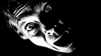 Dramatic black and white close up of a surprised face with open mouth