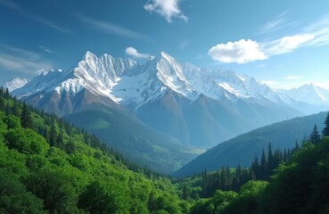 Snow covered mountain range landscape with green forest under blue sky. Majestic peaks rise above lush valley. Nature photo displays pristine wilderness scenery.