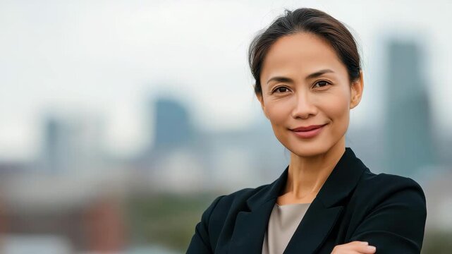 A poised businesswoman stands confidently against an urban skyline, symbolizing empowerment, leadership, and professionalism in today's fast-paced corporate environment.