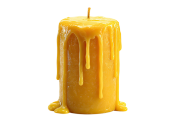 A close-up of a large yellow candle, wax dripping down the sides, against black background