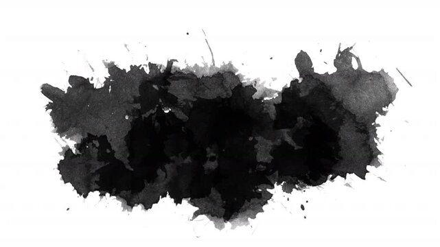 Black ink blot or splattered paint on white background creates a dynamic and abstract design element for artistic projects. Great for textures and backgrounds.