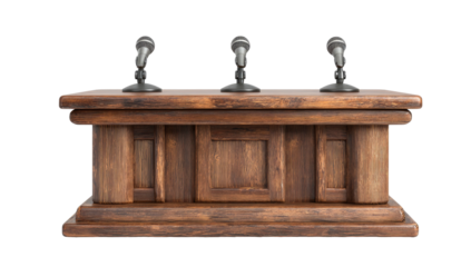 A sturdy wooden podium with three microphones, ready for a public address or speech
