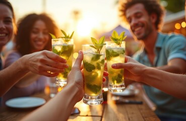 Multiracial friends gather at outdoor bar and toast with mojito. Diverse group of people enjoy happy hour with cocktails. Young adults socialize and have fun in casual attire on patio.