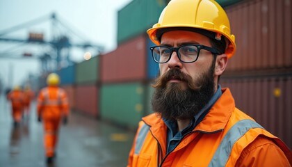 Bearded man in yellow hard hat and orange safety vest at port. Blurred workers in hi-vis gear walk past cargo containers. Port logistics and shipping operations.