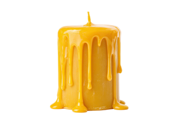 A cylindrical wax candle, with vibrant yellow wax dripping down, set against a transparent background