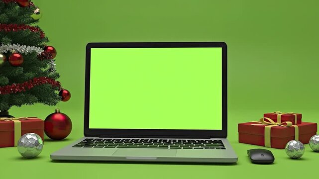 A laptop with a green screen is set amongst Christmas decorations including a tree gifts and ornaments on a solid green background