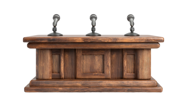A sturdy wooden podium with three microphones, ready for a public address or speech