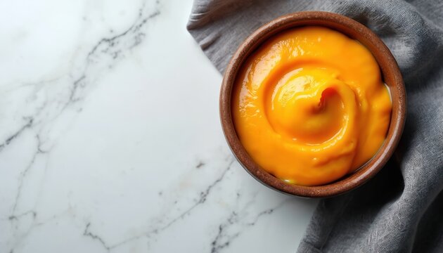 Bright orange baby puree in brown bowl on marble surface with grey napkin. Nutritious food for infant, toddler first meals. Copy space for text.