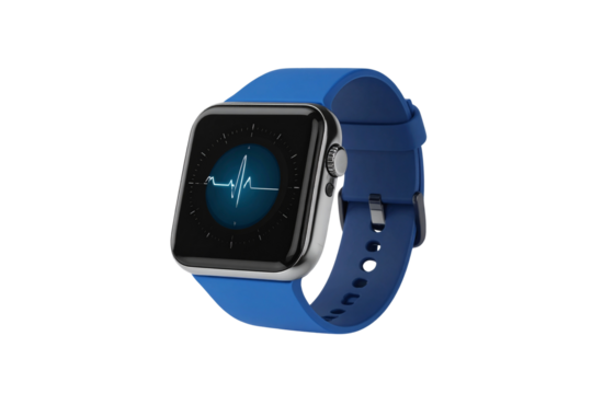 Modern blue smartwatch displaying a heart rate monitor graphic isolated on transparent background