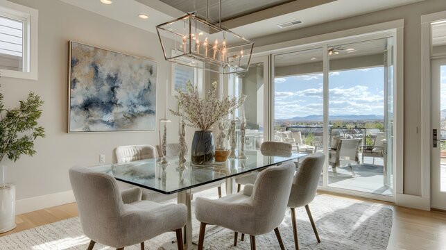 Luxurious modern dining room interior with scenic mountain view, elegant decor, and bright natural light